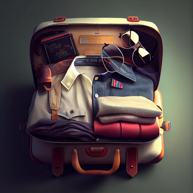 An open suitcase with clothes and other items in it