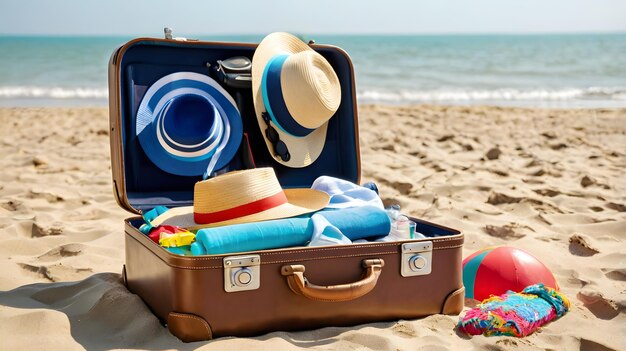 Photo open suitcase with stylish beach accessories on sand near sea