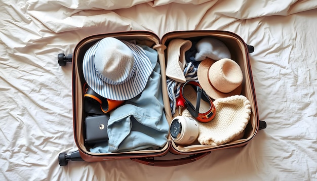 Open suitcase with travelers belongings on bed flat lay isolated with white highlights