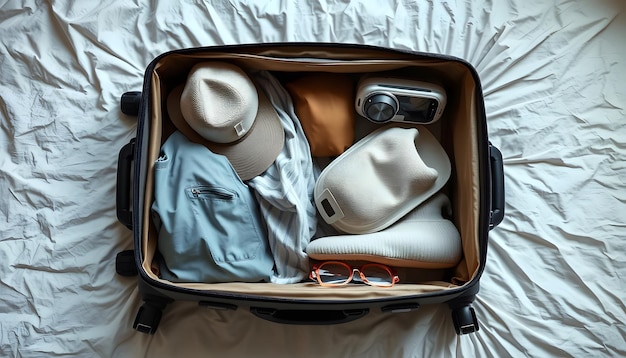 Open suitcase with travelers belongings on bed isolated with white highlights