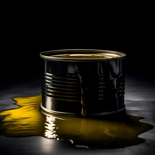 Open tin can with oil on a dark background 3d rendering