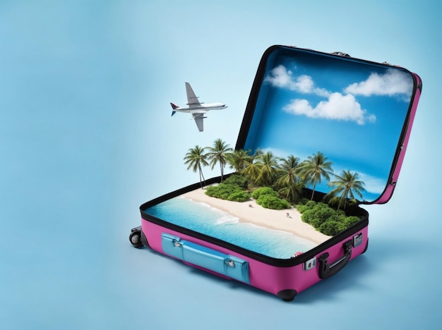 Open travel suitcase with exotic destination