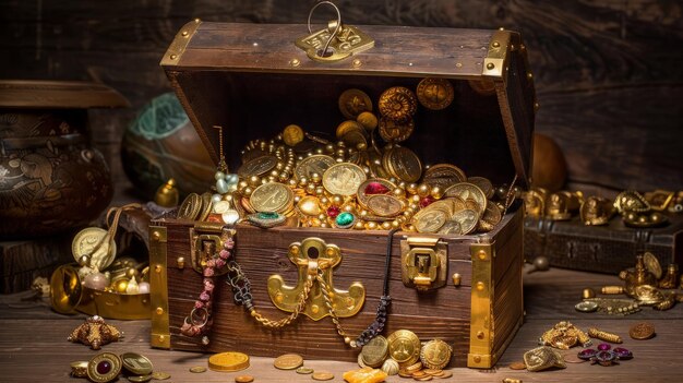 Open Treasure Chest Filled With Gold Coins and Jewels