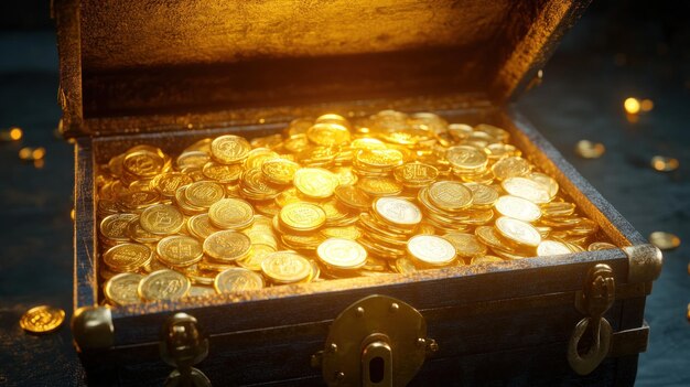 Photo open treasure chest filled with gold coins