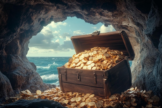 Photo an open treasure chest filled with gold is seen in this cave picture