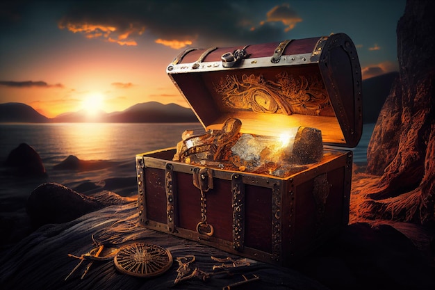 Open treasure chest filled with golden items at sunset with Generative AI Technology