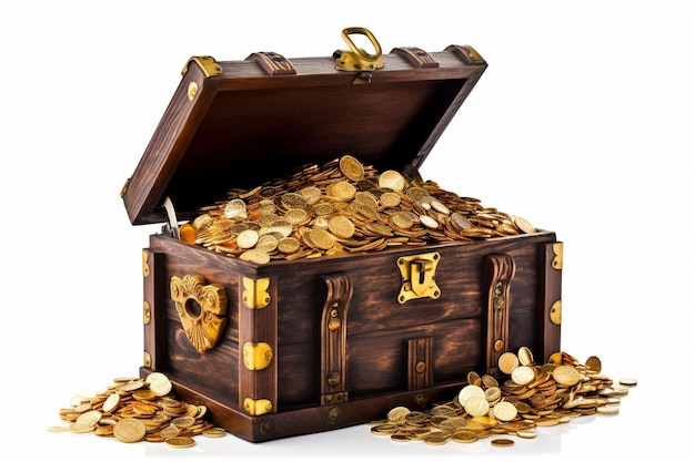 Open treasure chest overflowing with gold coins isolated on white