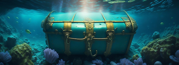 Open treasure chest sunken at the bottom of the sea