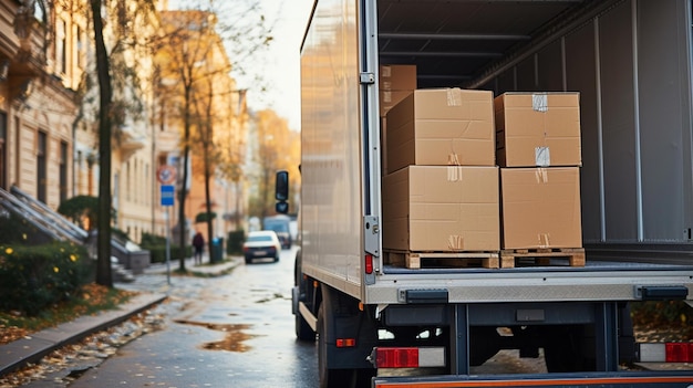 open truck with moving boxes outdoors