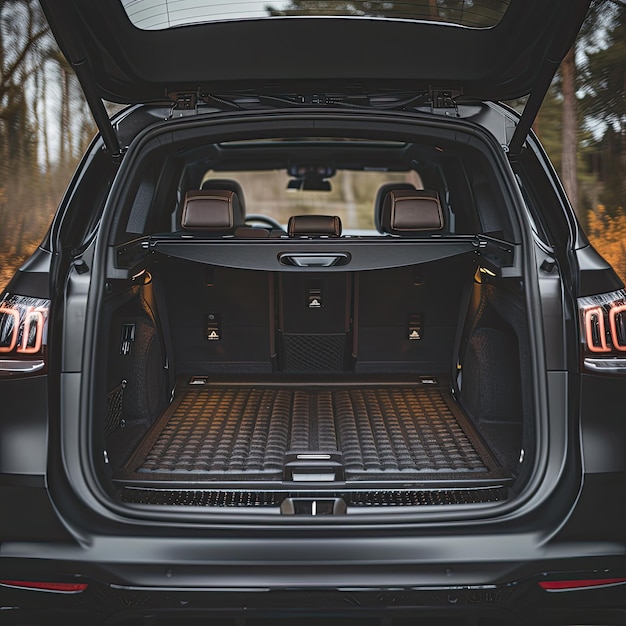 Photo open trunk of a black suv showing the cargo space