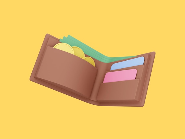 Open wallet with coins bills and credit cards floating on yellow background 3d rendering