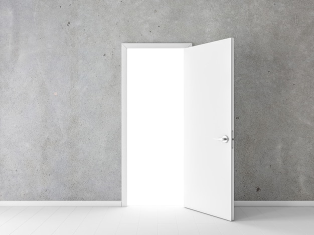 Open white door in empty room with concrete wall 3d rendering