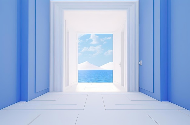 an open white door opening into a blue pathway in the style of political minimalism