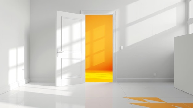 Open white door with yellow color inside on white background with sunlight shade and shadow with wal