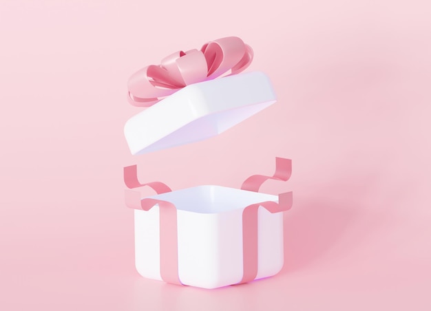 An open white gift with a beautiful bow on a pastel pink background. 3d render.