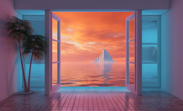 Photo open window with tropical landscape and ocean in y2k or vaporwave style pink sunrise in 90s style room vacation calmness frame