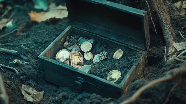 Photo open wooden chest filled with gold coins and other treasures in a forest setting