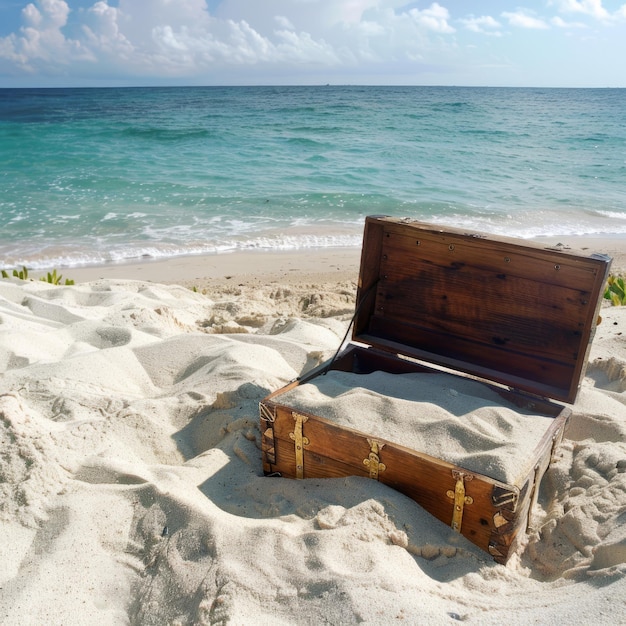 Photo open wooden chest filled with sand on a tropical beach