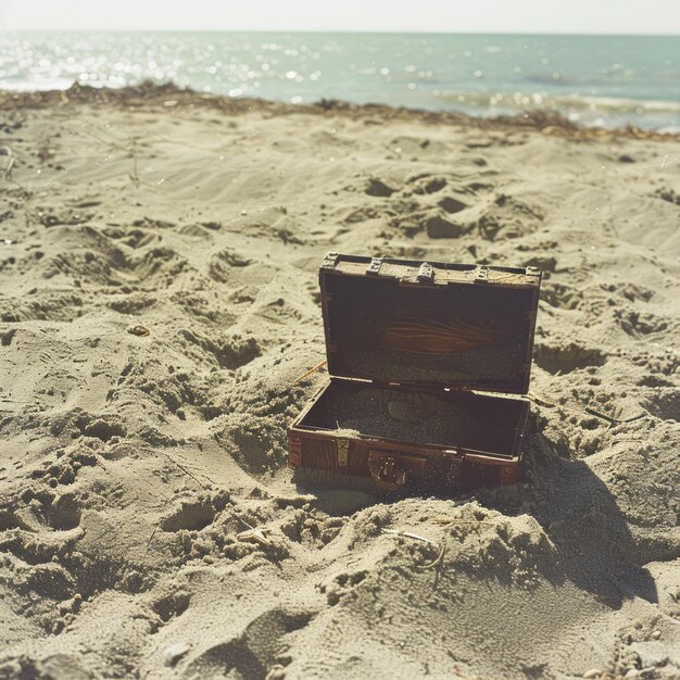 Photo open wooden chest on a sandy beach with the ocean in the background