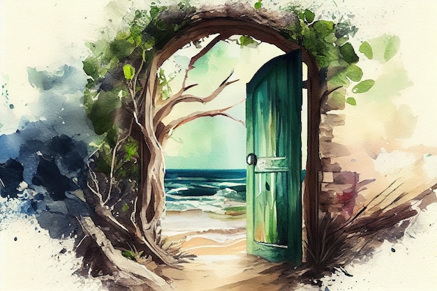 Open wooden door to the new world with green environment Generative Ai