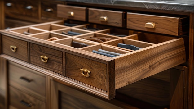 Open wooden drawer with compartments highlighting organization craftsmanship and practical storage solutions in home furnishings