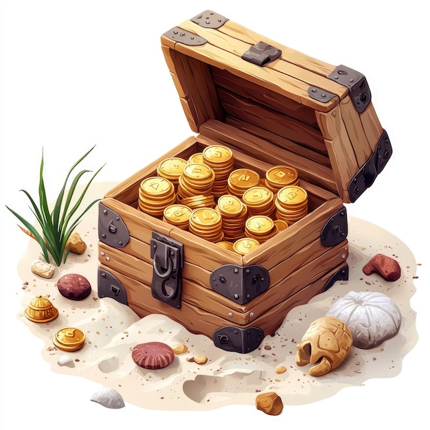 Photo open wooden treasure chest full of gold coins on sandy beach