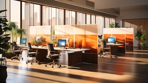 Open workspace with acoustic panels dividers and task lighting