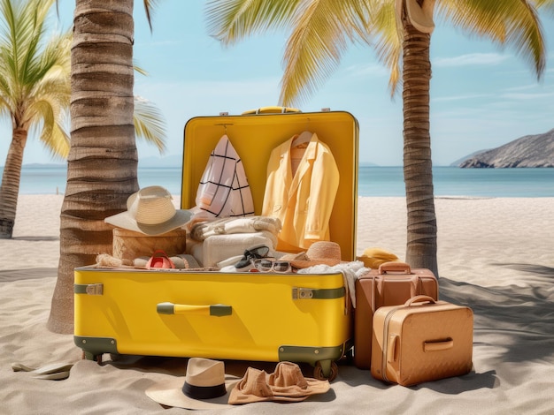 Open yellow suitcase with clothes for tourism travel on the beach