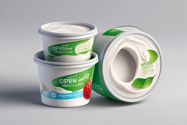 Photo open yogurt cups realistic yoghurt container package mockup vector 3d visual representation