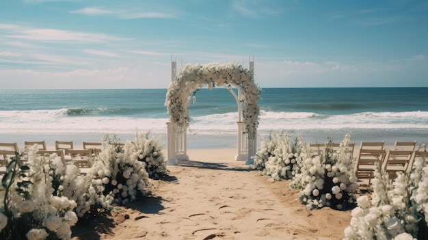 An openair beach wedding with a flowerdecorated arch