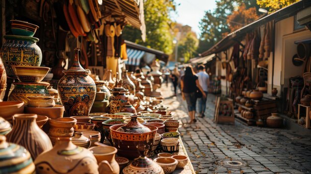 Photo openair market with traders selling handmade pottery artistic atmosphere