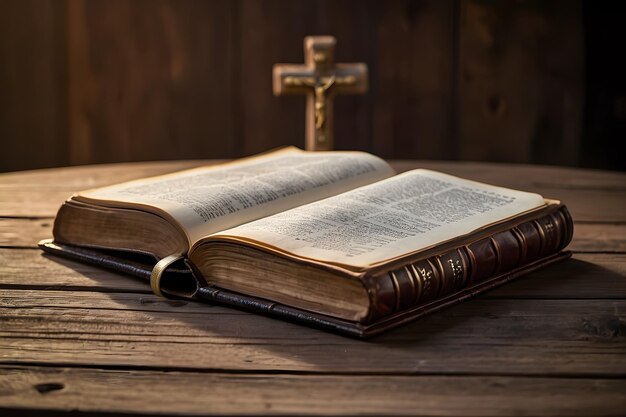 An opened bible book on a wooden table