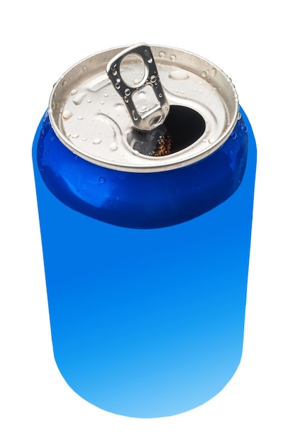 Opened blue aluminum can on white background