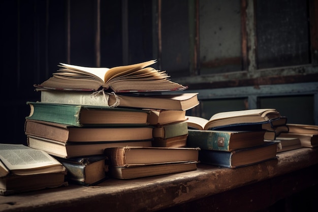 Opened Book on a pile of old books panorama good copy space