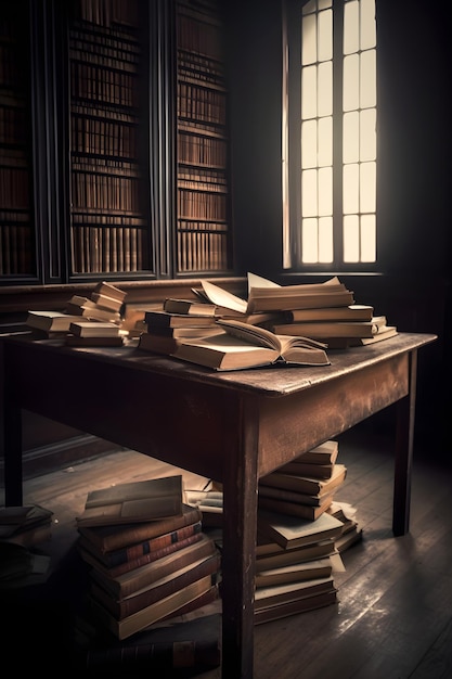 Opened book and stacks of old books on wooden desk in old library Generative AI