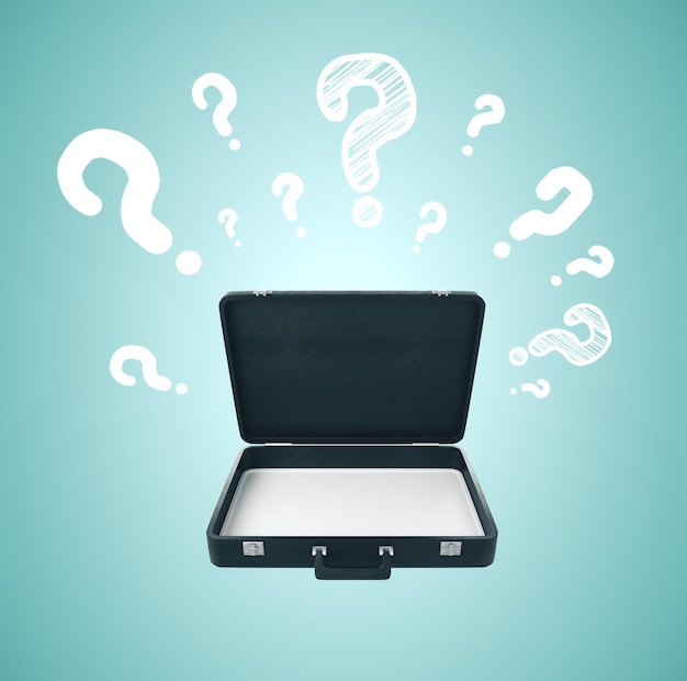 Opened briefcase with question mark on green background. 3D Rendering