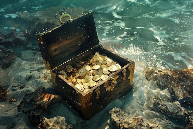 Opened chest with gold coins on sandy seabed