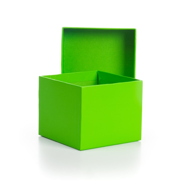 Opened empty green box with lid on white background clipping path included