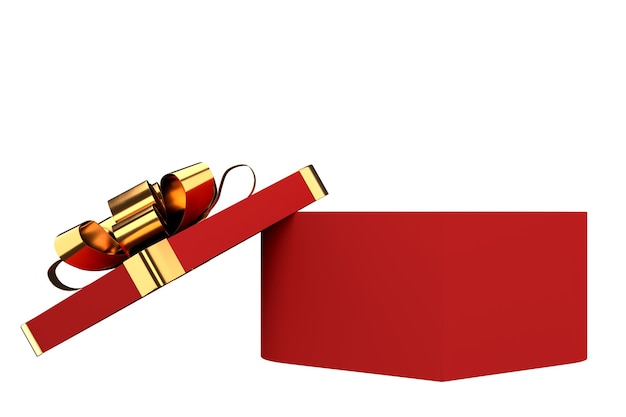 Opened gift box with golden ribbon and bow