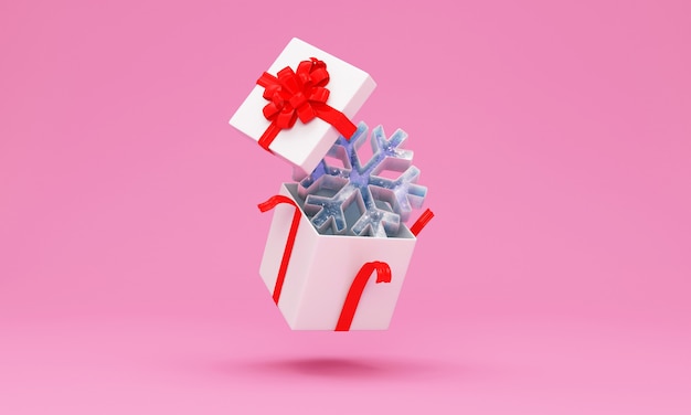 Opened Gift Box With Icy Snowflake on pink studio background