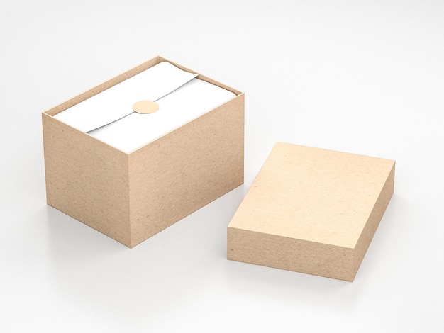 Opened large cardboard Box Mockup with cover and white wrapping paper and label, 3d rendering