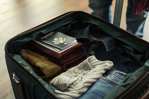 Photo opened luggage with folded clothes and passport