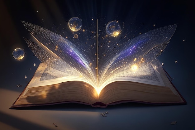 Photo opened magic book realistic image with bright sparkling light rays illuminating pages floating balls dark