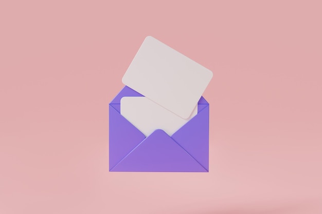 Opened mail envelope with paper documents icon isolated on pink background Read online message Mail icon Office document or message new email message 3d rendering illustration minimal style