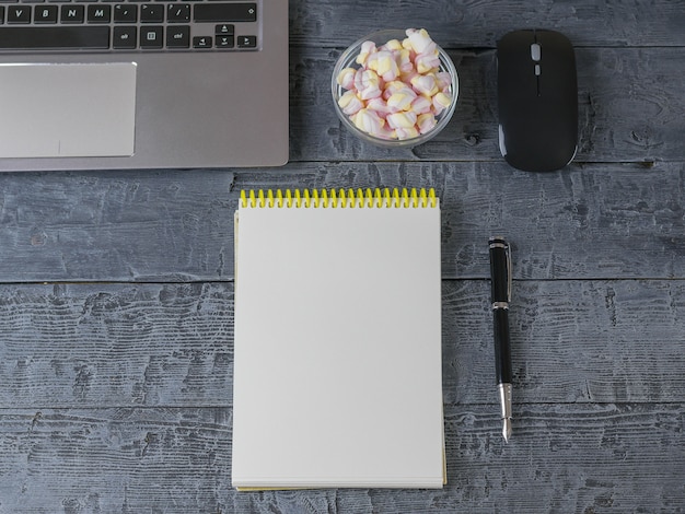 Opened the notebook, laptop, fountain pen, mouse and marshmallow on a table