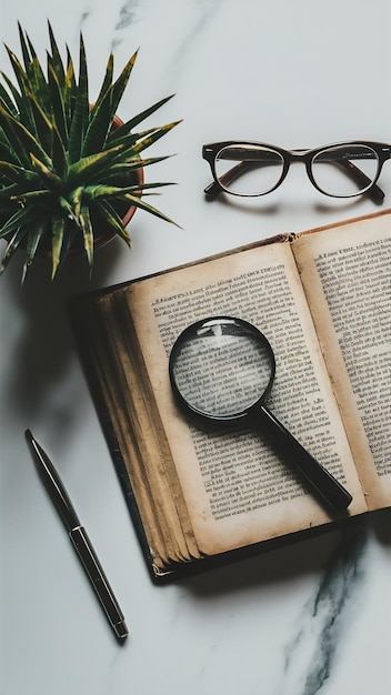 Photo opened old book magnifying glass and eye glasses on white marble table top view