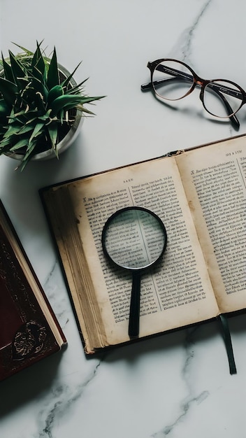 Photo opened old book magnifying glass and eye glasses on white marble table top view