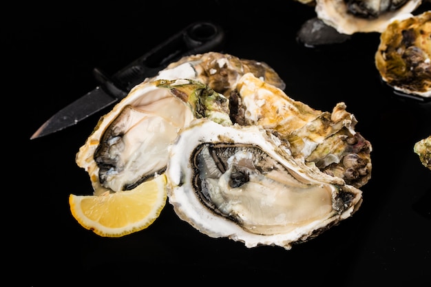 Opened oysters, ice and lemon on a black surface