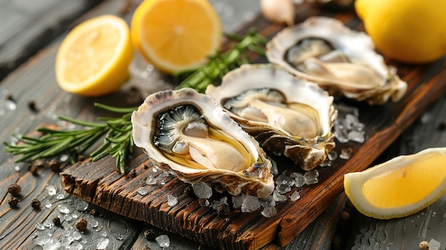 Opened oysters ice and lemon on stone table Half dozen Top view with copy space