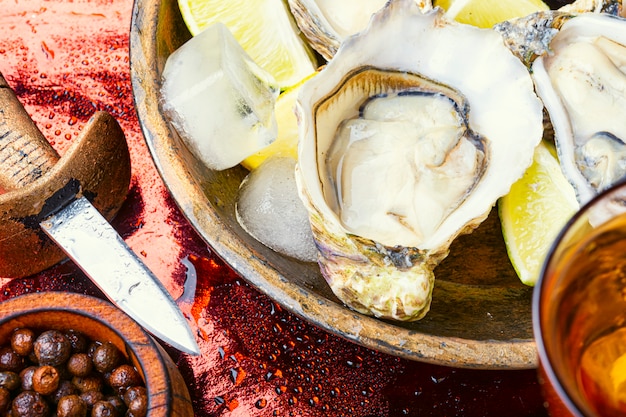 Opened oysters on metal table